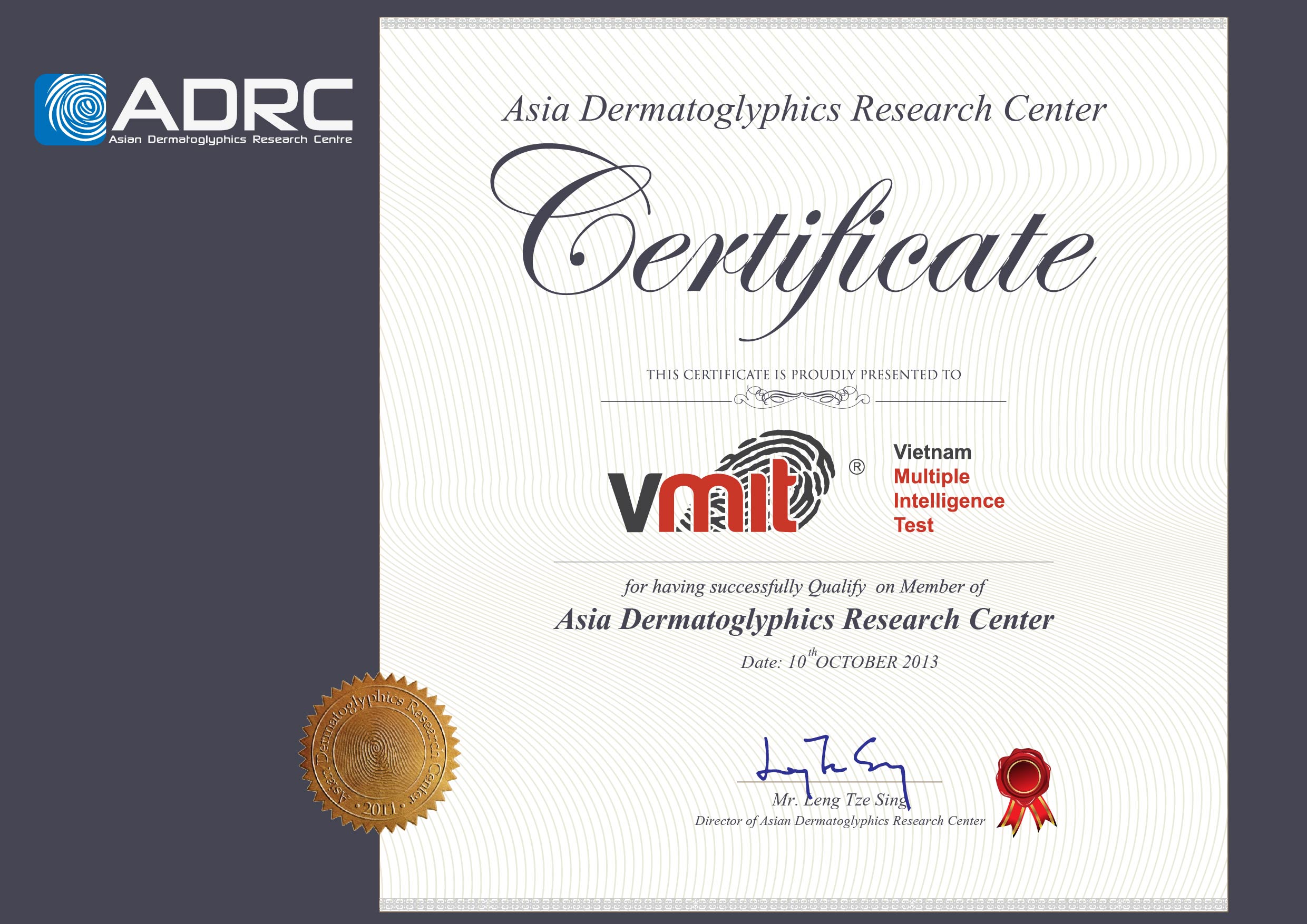 Chứng nhận từ Viện Khoa Học Châu Á (ADRC)